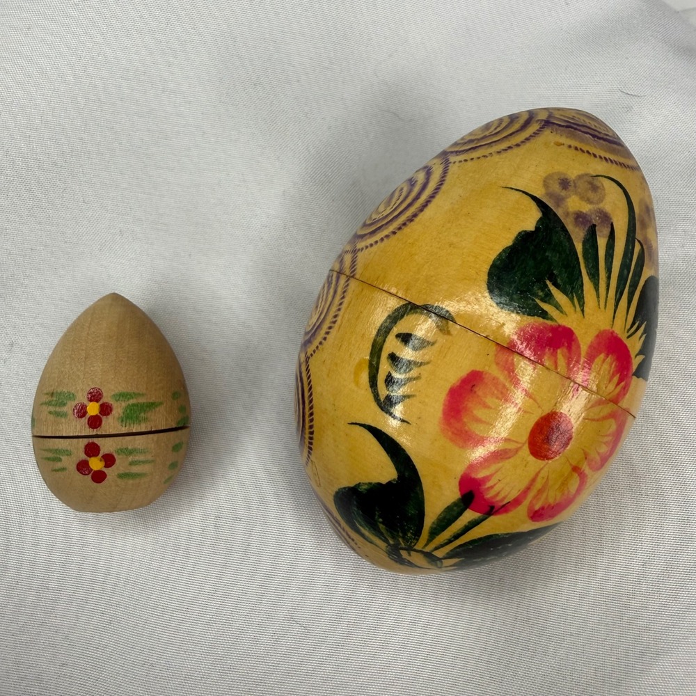 Vintage Hand Painted Wooden Nesting Eggs Floral Folk Art with doll & Bird 2pc